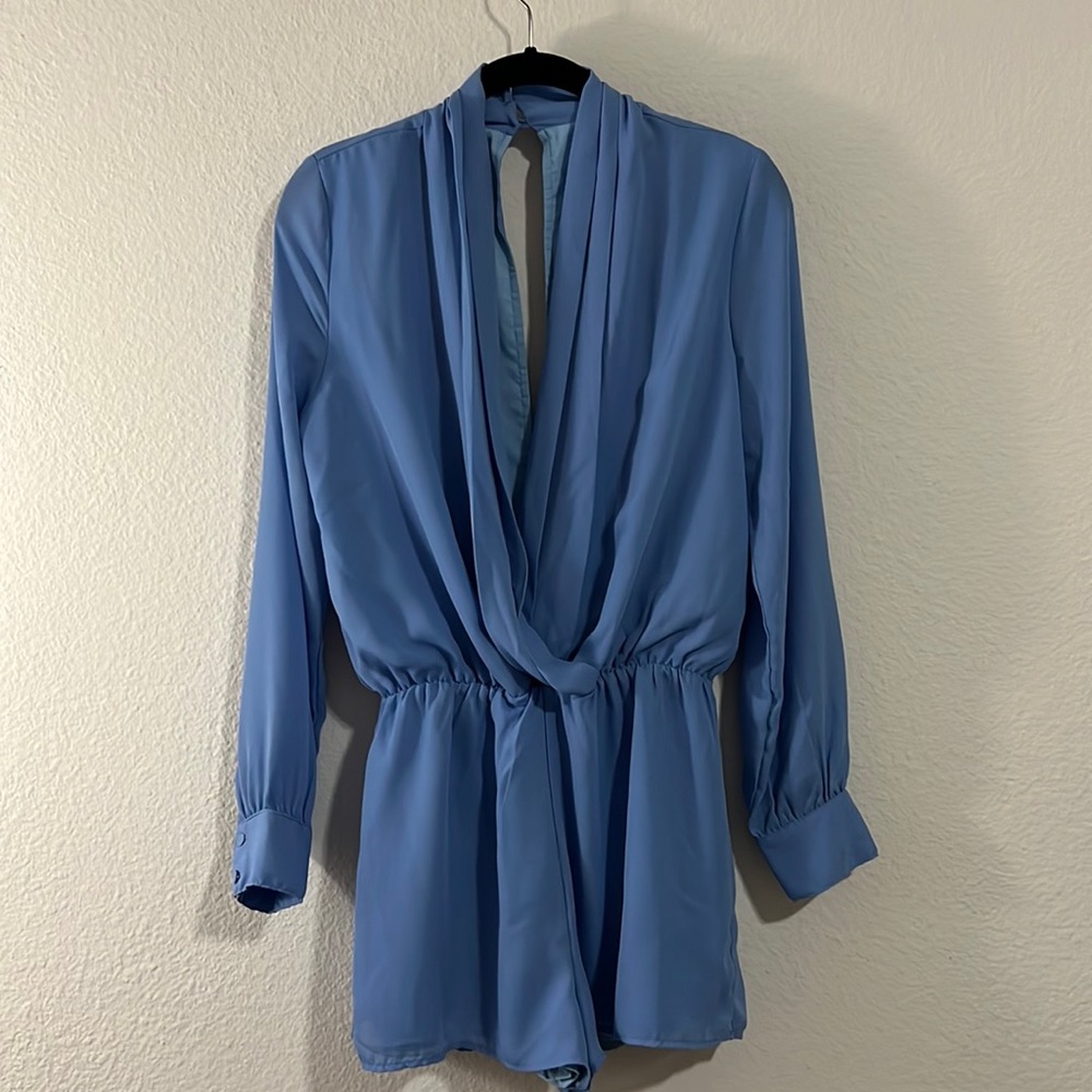 Superdown Kaycie Drape Neck Romper in Blue